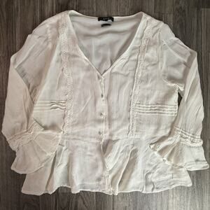 Miss Me White Boho Lace Peplum Blouse Button-Up Romantic Peasant Top
